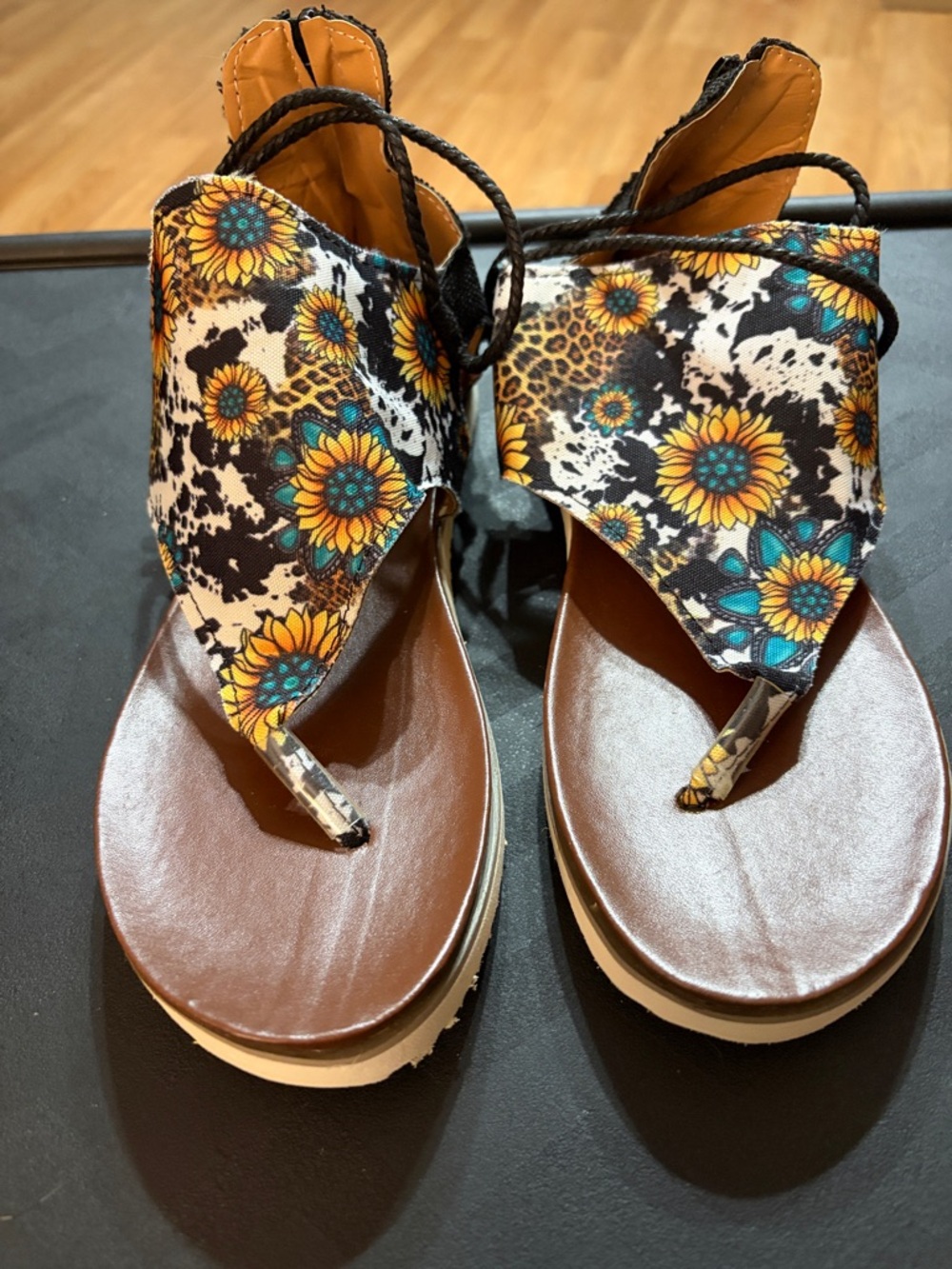Sunflower Cow Print Leopard Mix Thong Sandals - Back Zip - Size 40 = a 9